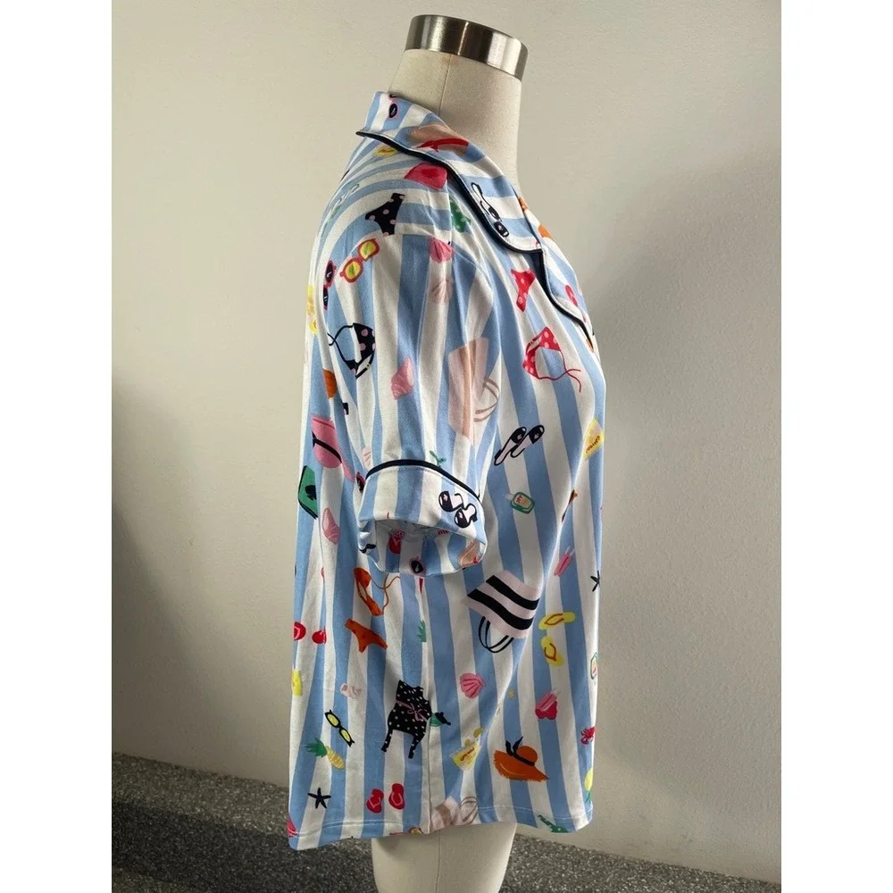 NEW Kate Spade Womens XL Blue Stripe Floral Sleep Top Pajama Shirt